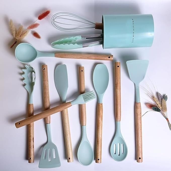 Silicone Cooking Utensil Set with Wooden Handles, Mint Green, Set of 12, Includes Spatulas, Whisk, Tongs and Holder
