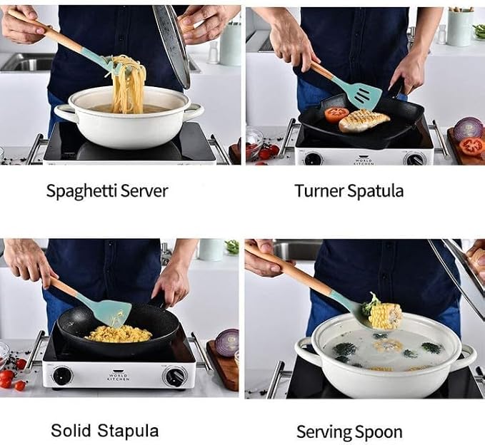 Silicone Cooking Utensil Set with Wooden Handles, Mint Green, Set of 12, Includes Spatulas, Whisk, Tongs and Holder