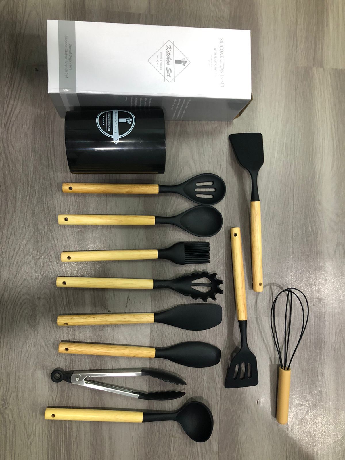 Silicone Cooking Utensil Set with Wooden Handles, Mint Green, Set of 12, Includes Spatulas, Whisk, Tongs and Holder