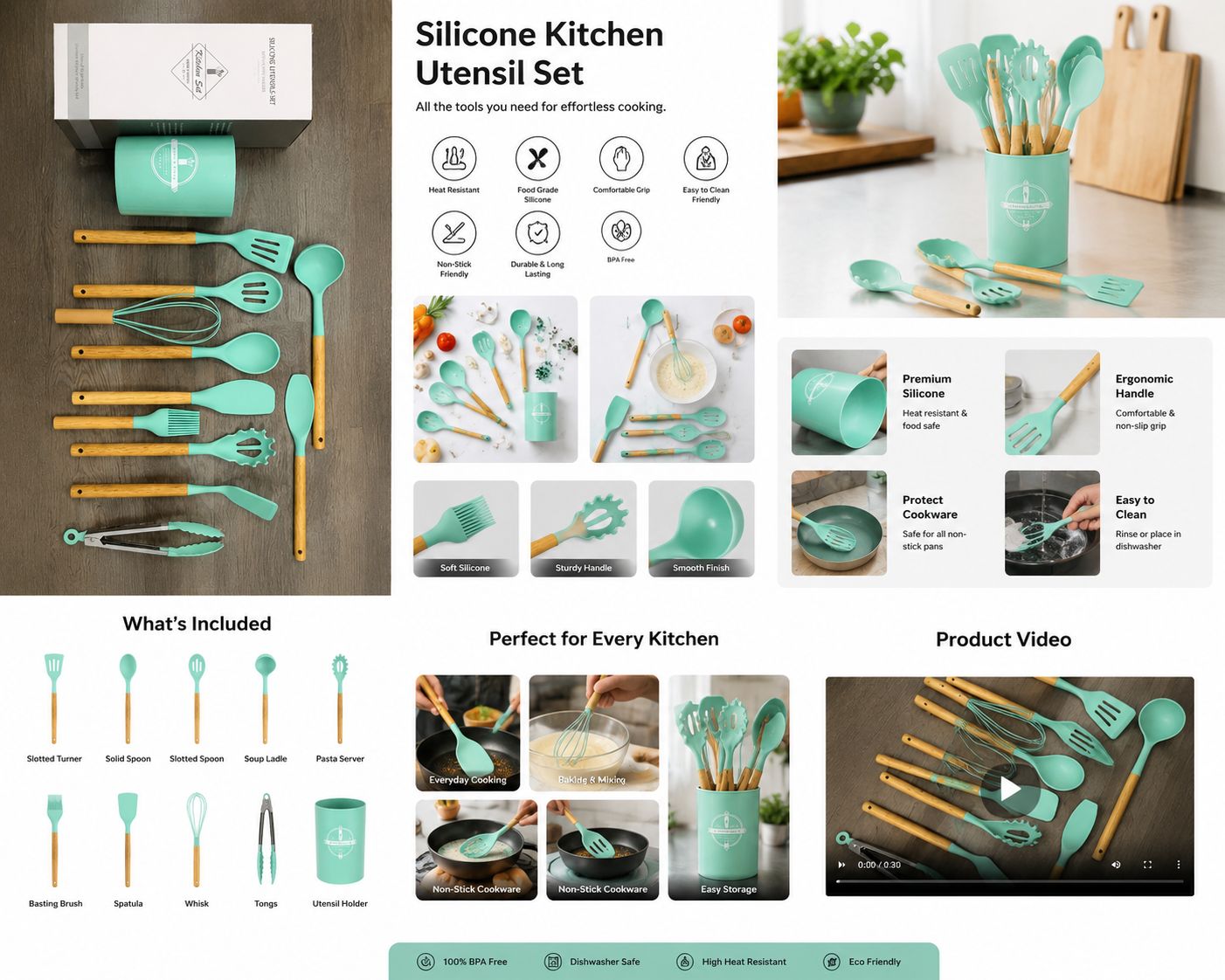 Silicone Cooking Utensil Set with Wooden Handles, Mint Green, Set of 12, Includes Spatulas, Whisk, Tongs and Holder