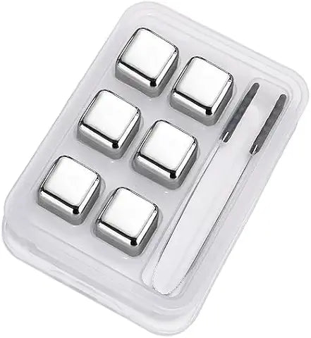 Metal Ice Cubes, Set of 6 - Rust-Proof Reusable Whiskey Stones with Tongs & Storage Boxes - Stainless Steel Ice Cubes - Non-Diluting, Quick Chill - Ideal for Drinks and Parties