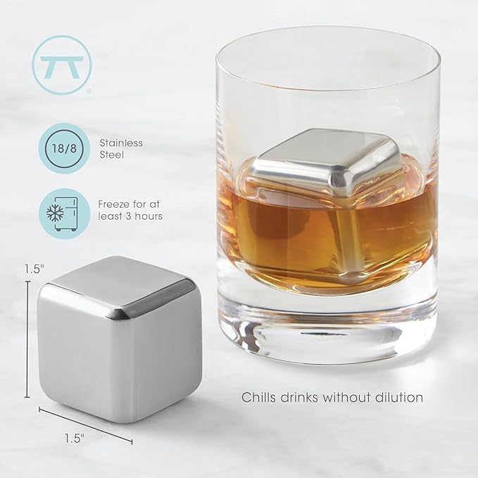 Metal Ice Cubes, Set of 6 - Rust-Proof Reusable Whiskey Stones with Tongs & Storage Boxes - Stainless Steel Ice Cubes - Non-Diluting, Quick Chill - Ideal for Drinks and Parties