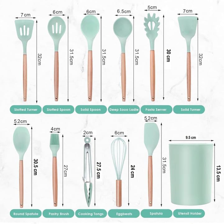 Silicone Cooking Utensil Set with Wooden Handles, Mint Green, Set of 12, Includes Spatulas, Whisk, Tongs and Holder